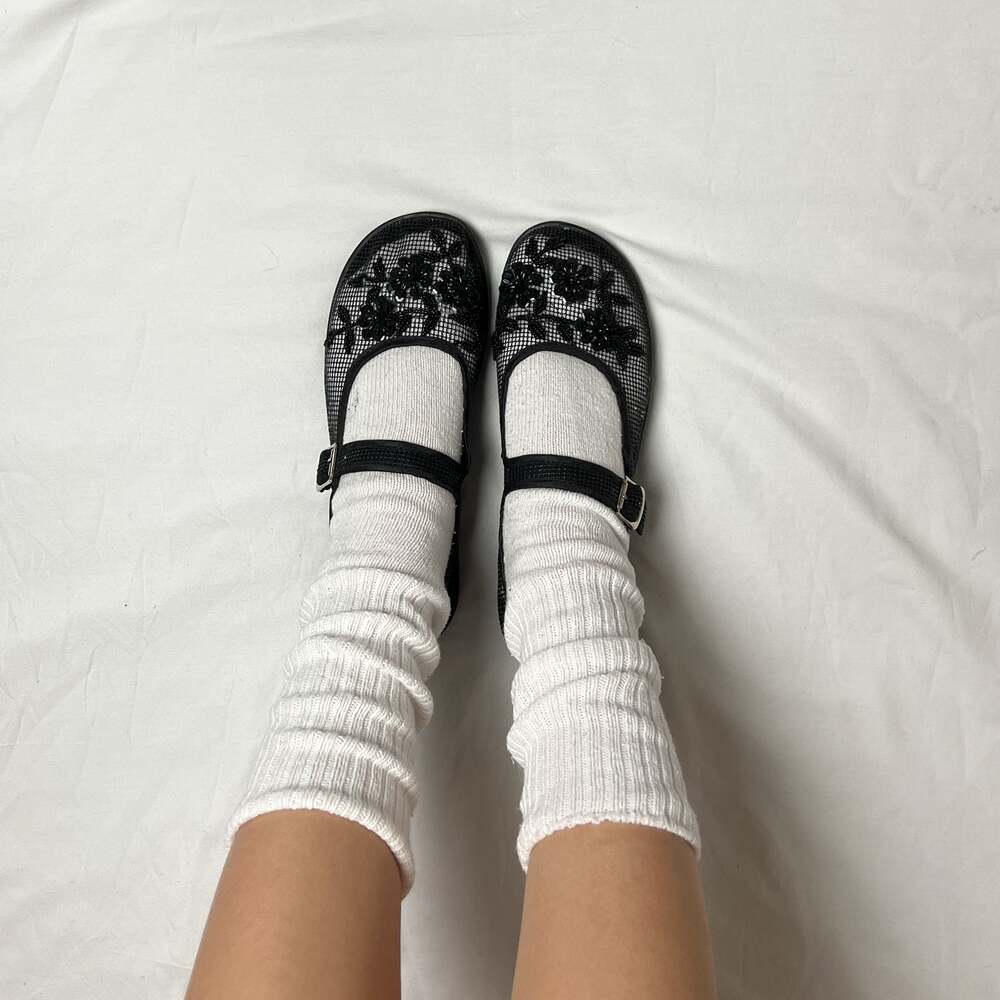 y2k black asian sheer floral embroidere sequin beaded mesh mary jane flats shoes